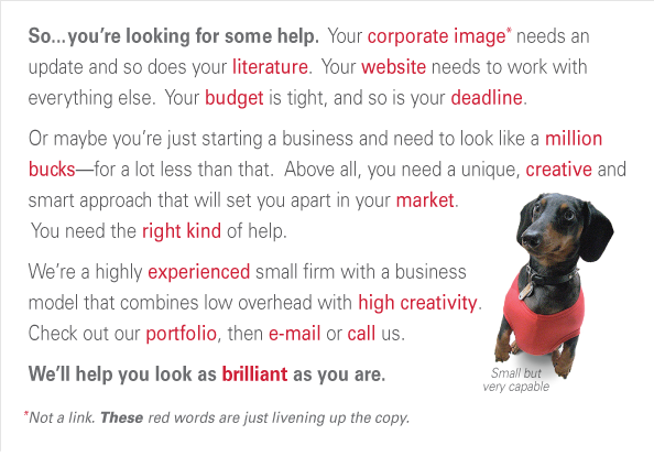 So...you’re looking for some help.  Does your corporate image  need an update?  Your literature?  Your website?  Your budget is  tight, and so is your deadline.  Or maybe you’re just starting a  business and need to look like a million bucks—for a lot less than  that.  Above all, you need a unique, creative and smart approach that  will set you apart in your market.  You need the right kind of help.  We’re a highly experienced small firm with a business  model that combines low overhead and high creativity.   Check out our portfolio, then e-mail or call us.   We’ll help you look as brilliant as you are. Not a link. The real links display a yellow underline when you mouse over them, or tell you to “click here”.  